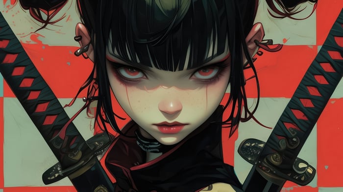 Anime Girl with Red Eyes and Katanas 4K