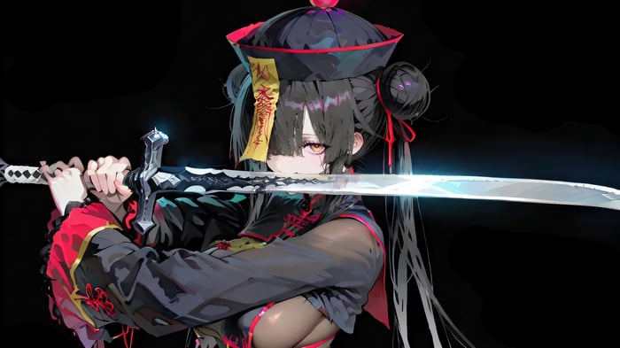 Anime Girl with Sword in Jiangshi Outfit 4K