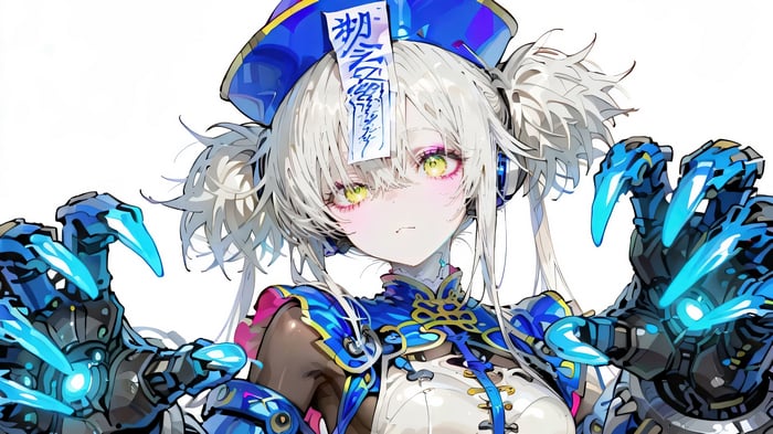 Anime Girl with Mechanical Arms and Jiangshi Hat