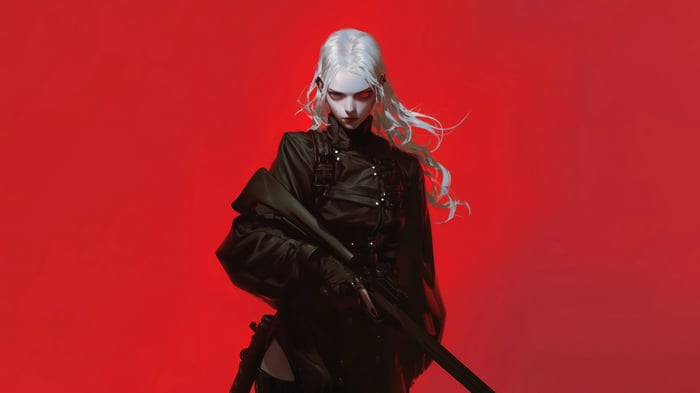 Anime Girl with White Hair and Red Eyes Holding a Rifle