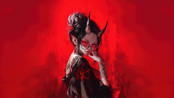 Anime Demon Girl with Horns and Tattoos 4K