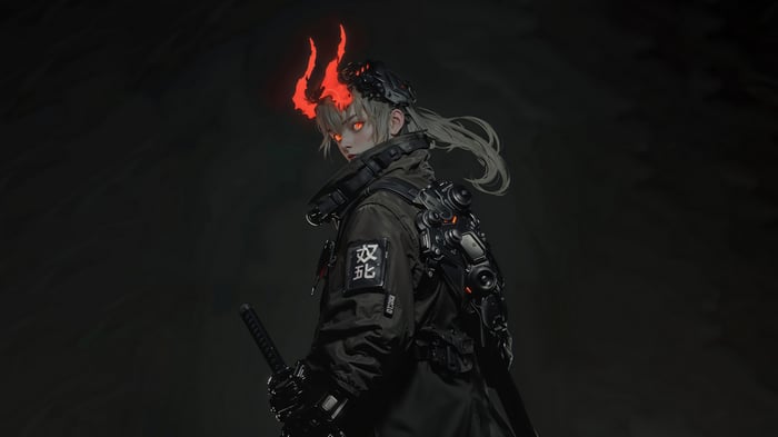 Anime Girl with Red Horns and Katana 4K