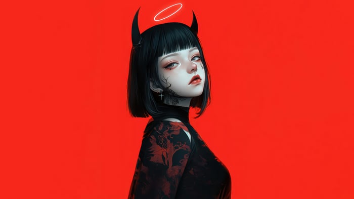 Anime Girl with Demon Horns and Halo 4K