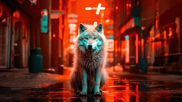 Wolf in a neon-lit alleyway, digital art 4K