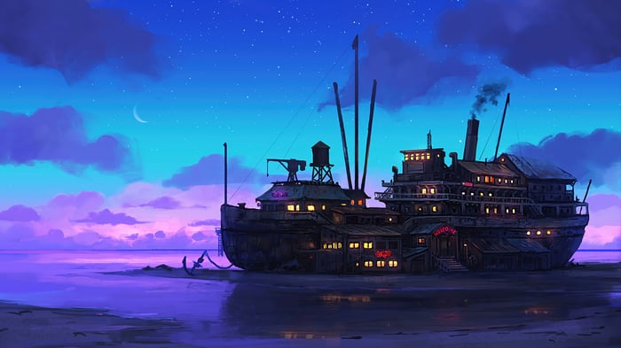 Ship restaurant at night with crescent moon