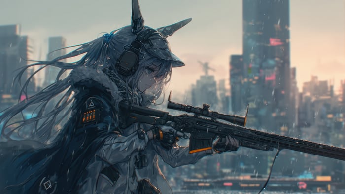 Anime Girl Sniper with Rifle in City 4K