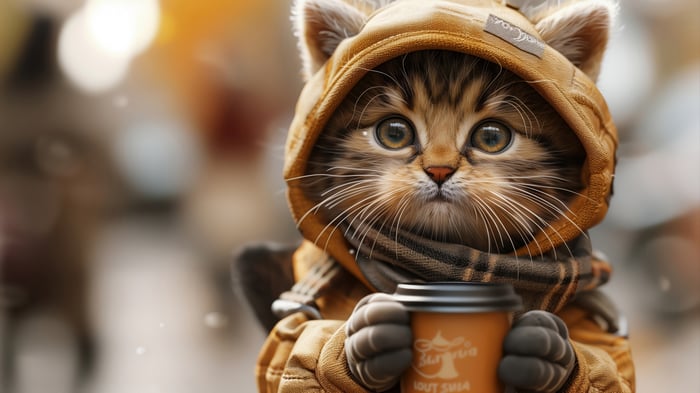 Kitten in a hoodie holding a coffee cup