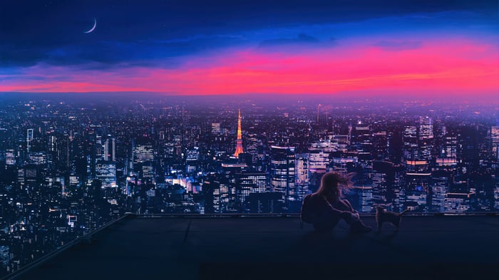 Girl and cat on a rooftop overlooking a city at night 4K