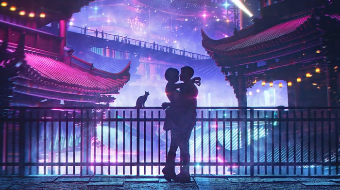 Couple Hugging in a Neon Cityscape 4K