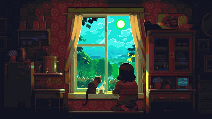 Pixel Art Cozy Room with Cat and Window View 4K