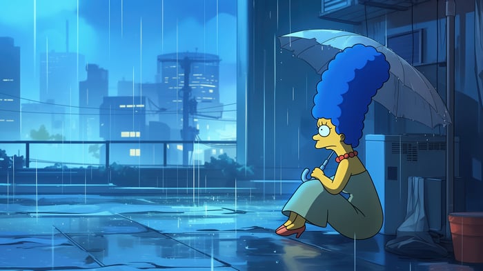 Marge Simpson sitting under an umbrella in the rain