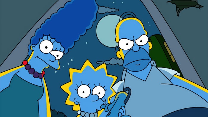 The Simpsons family in blue during a night scene