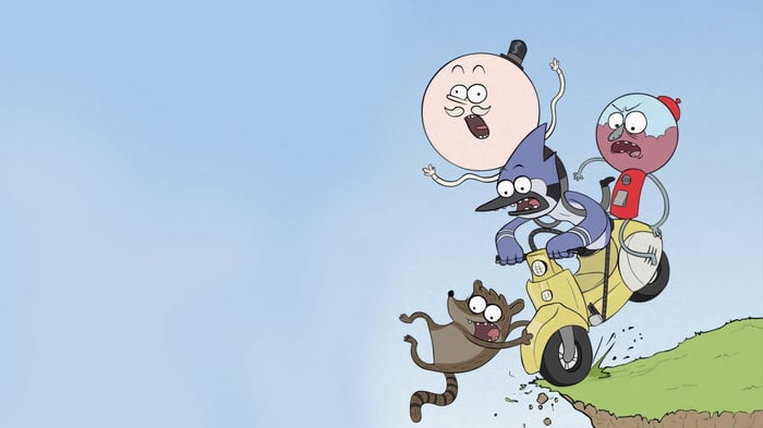 Regular Show: Mordecai, Rigby, Pops, and Benson on a Scooter