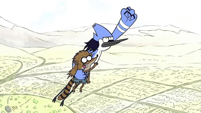 Mordecai and Rigby flying over a town in 4K