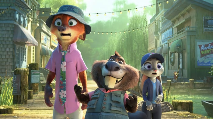 Nick Wilde, Judy Hopps, and a beaver in Zootopia 4K