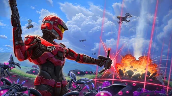 Halo Spartan in Battle with Aliens and Drones