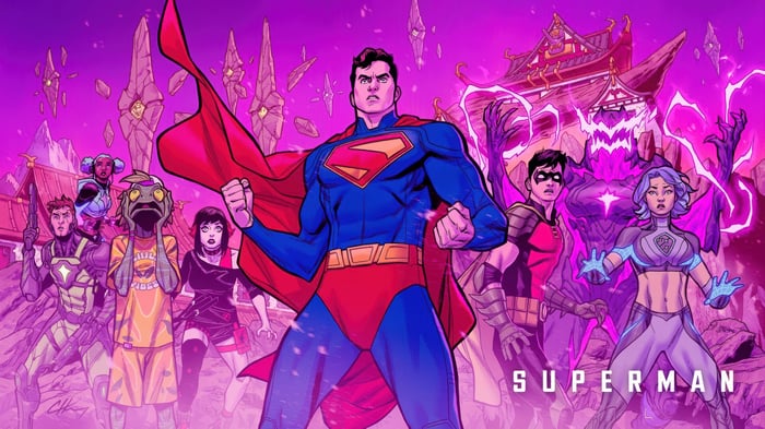 Superman and Allies in a Purple Landscape 4K