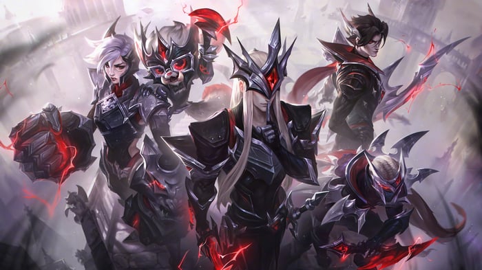 League of Legends Splash Art with Yone, Pyke, Vi, Gnar, and Varus