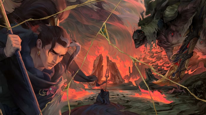 Yasuo and a monster in a fiery landscape