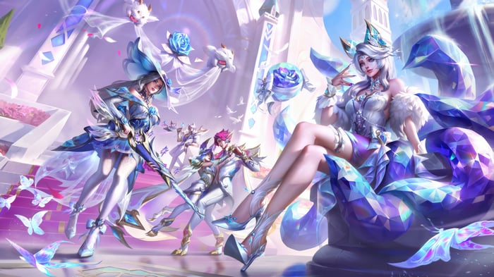 Crystal Rose Ahri, Caitlyn, Xayah, Rakan, Sett, and Yuumi in LoL Wild Rift 4K
