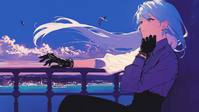 Furina from Genshin Impact on a balcony at sunset