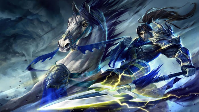 Xin Zhao on horseback in Warring Kingdoms splash art 4K