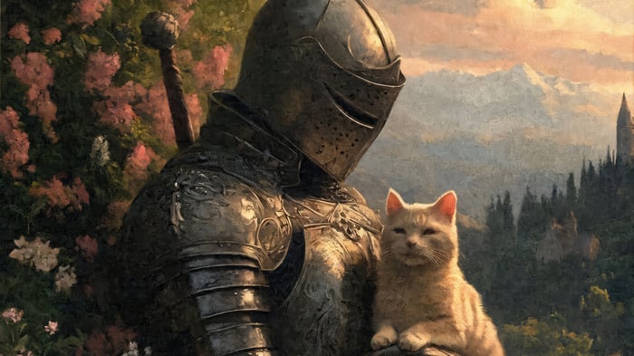 Knight in Armor Holding a Cat with Flowers and Mountains
