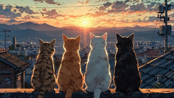 Four cats watching the sunrise over a city, anime style, 4K