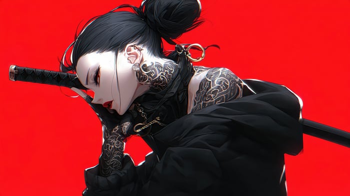 Anime Girl with Katana and Tattoos 4K