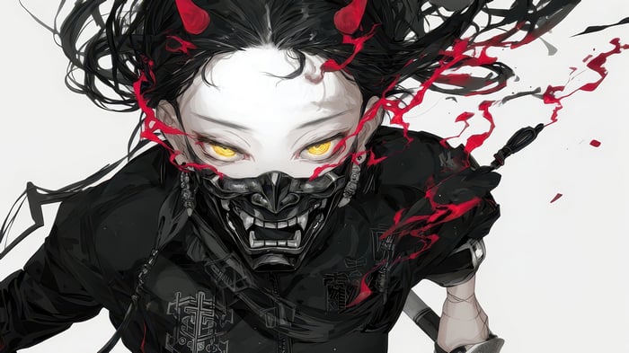 Anime Demon Girl with Mask and Horns 4K