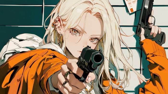 Anime Girl with Blonde Hair Holding a Pistol