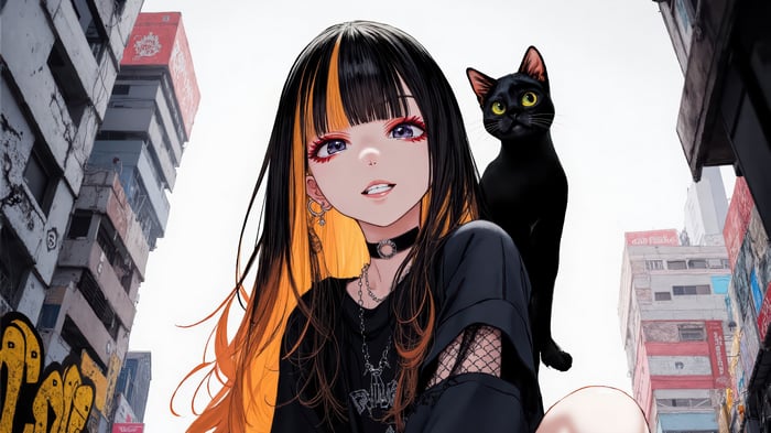 Anime Girl with Black Cat in City 4K