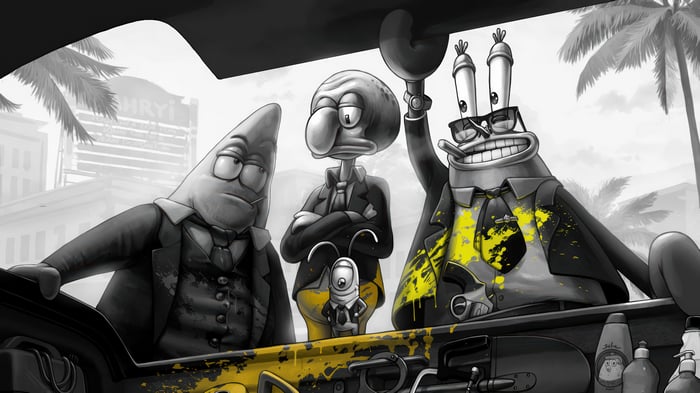 Mr. Krabs, Patrick Star, and Squidward in Suits