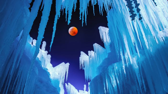 Ice formations with a blood moon
