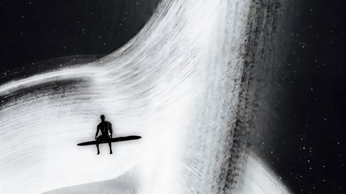Silver Surfer in space with a wave