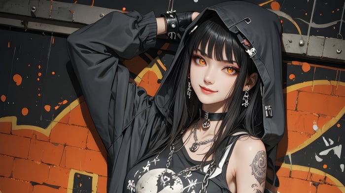 Anime Girl in Hoodie with Orange Eyes