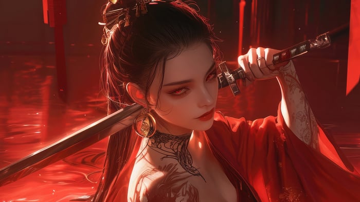 Girl with Katana and Red Eyes 4K