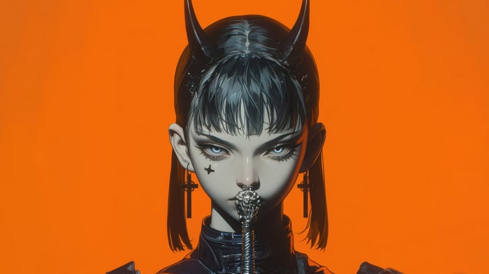 Anime Demon Girl with Horns and Cross Earrings 4K