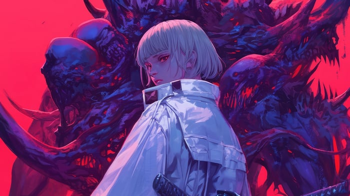Anime Girl with Red Eyes and Monster 4K