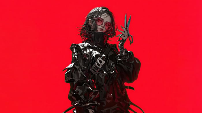 Anime Girl with Red Eyes and Glasses Holding Scissors 4K
