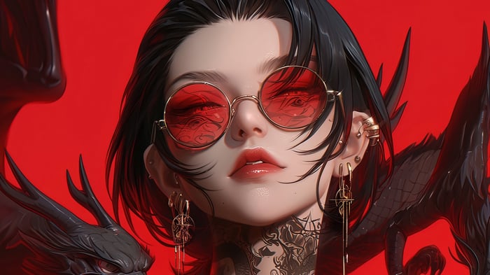 Anime Girl with Red Glasses and Dragon Wings 4K