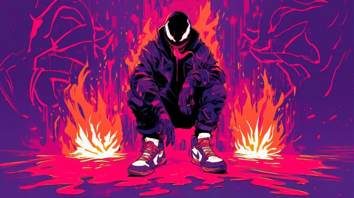 Venom squatting in front of flames 4K