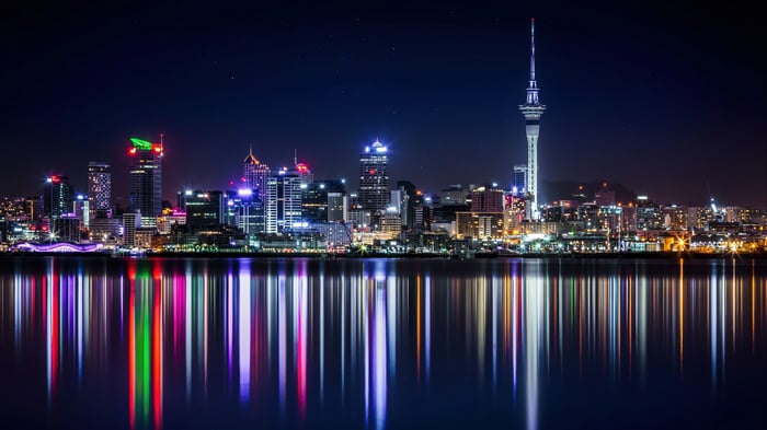 Auckland City Skyline at Night with Reflections