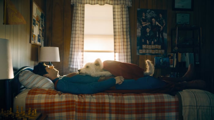 Superman and Krypto resting in a bedroom
