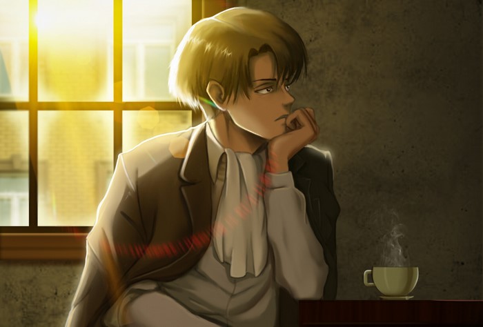 Levi Ackerman sitting by a window with coffee