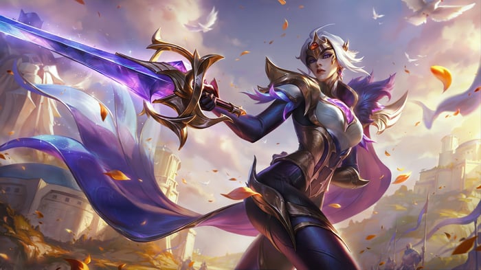 Victorious Fiora with a purple sword in League of Legends 4K