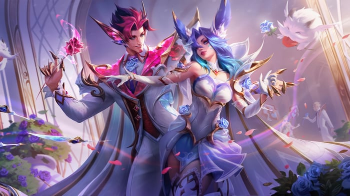 Crystal Rose Xayah and Rakan in League of Legends Splash Art 4K
