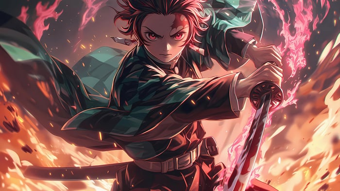 Tanjiro Kamado with flaming katana in 4K