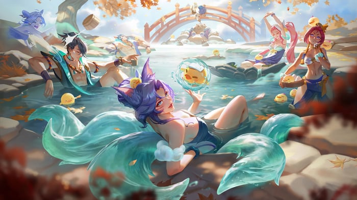 Spirit Blossom Springs: Ahri and friends relax in a hot spring