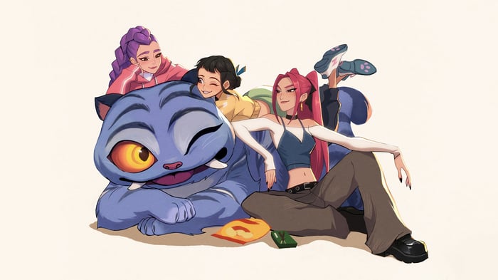Rumi, Mira, and Zoey with a blue tiger